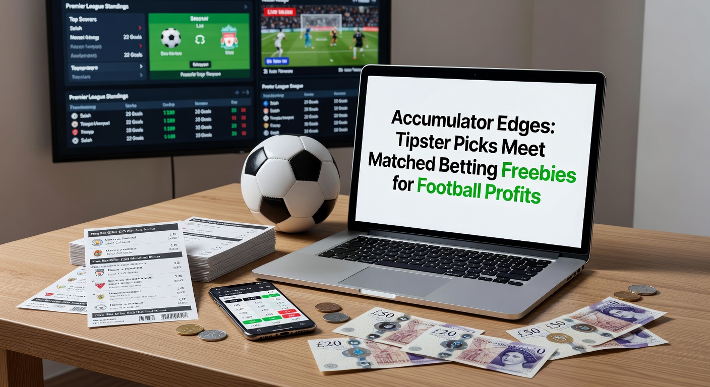 Illustration of matched betting process with football accumulator slips, free bet tokens, and profit calculations