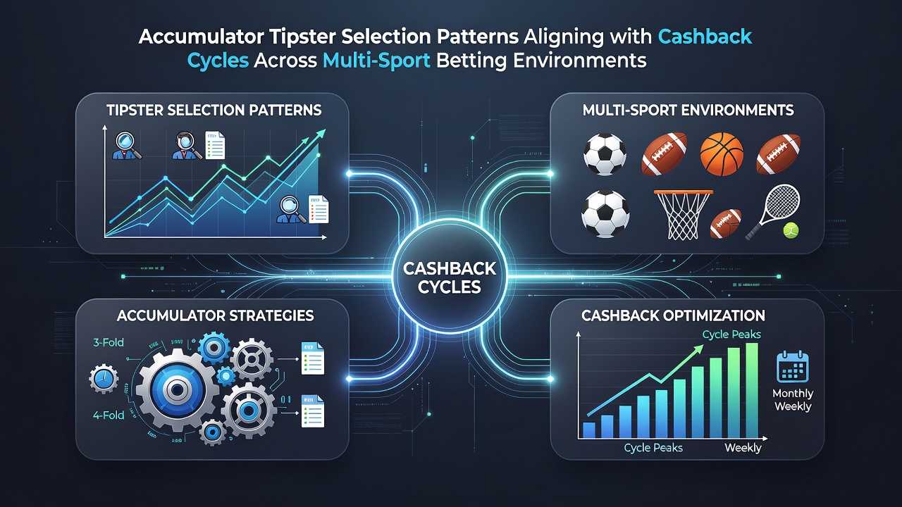 Infographic illustrating how tipster accumulator strategies match cashback reset dates across football, cricket and horse racing