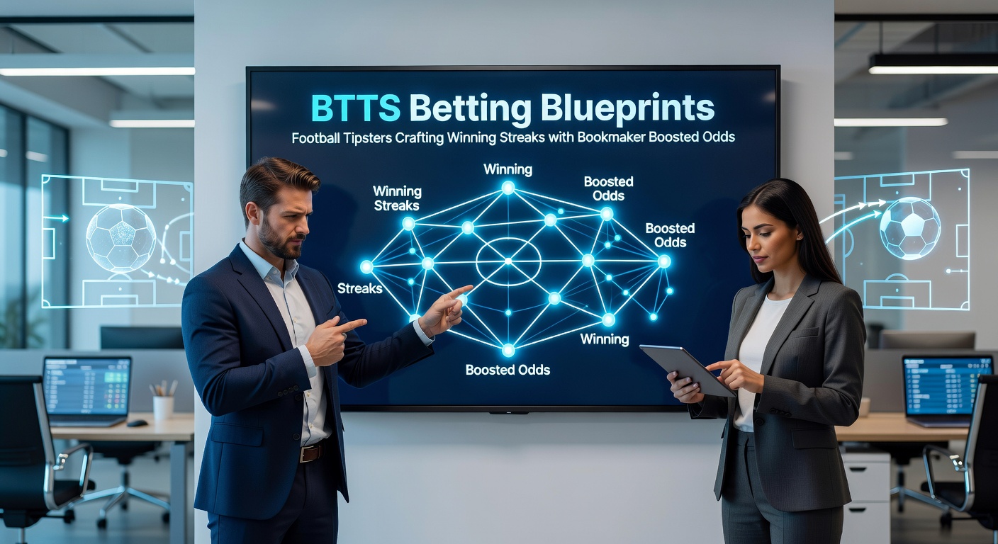 Bookmaker promotions displaying boosted odds for BTTS football bets, with tipster stats overlay