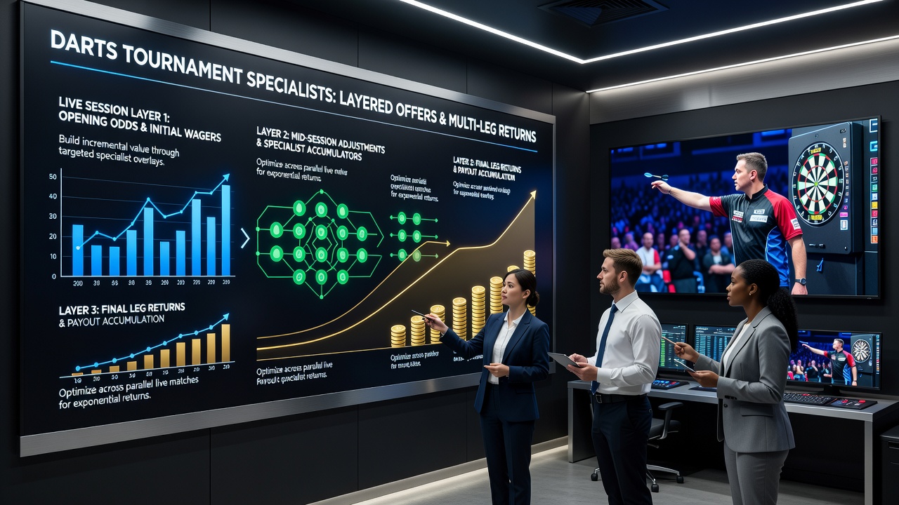 Specialists reviewing multi-leg accumulator structures during live darts events