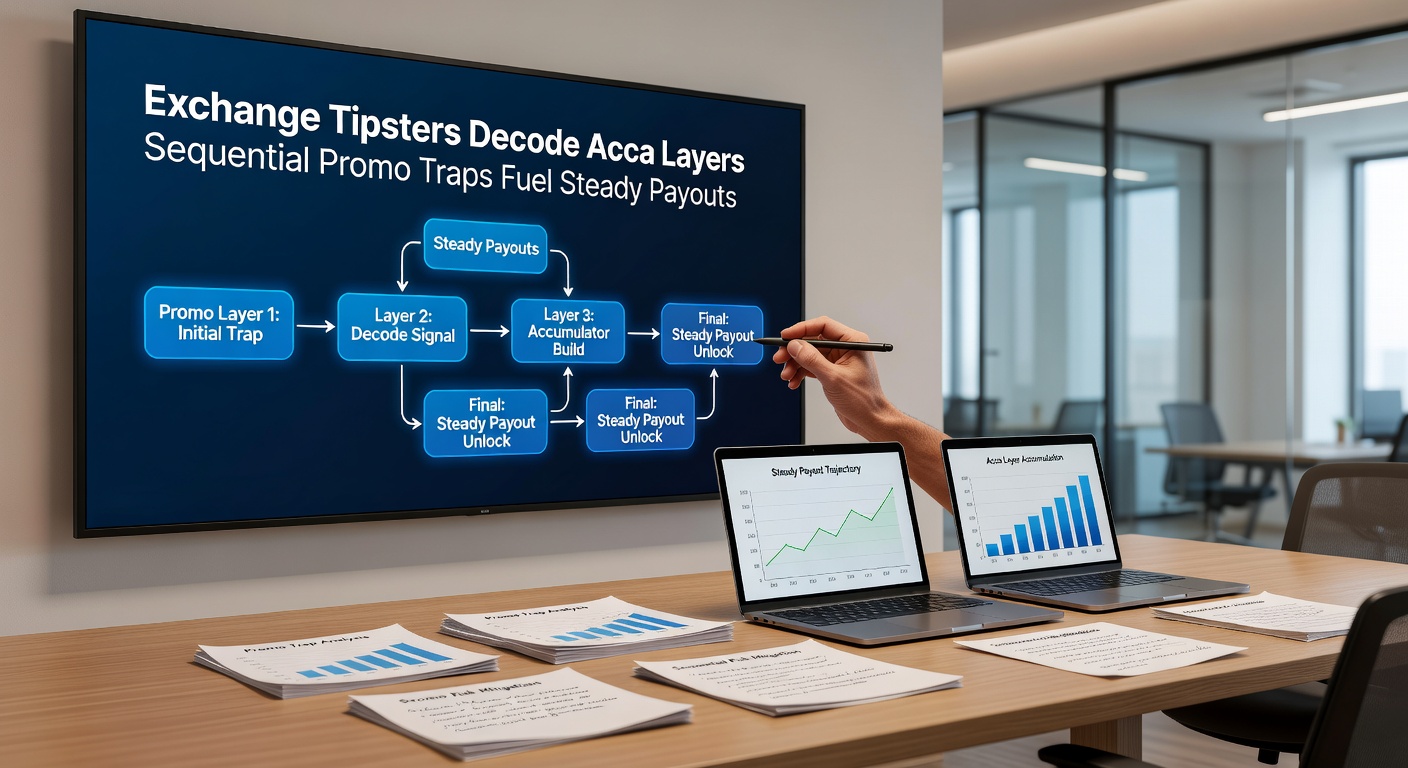 Screenshot of a tipster dashboard displaying sequential promo chains layered over exchange acca selections with payout projections