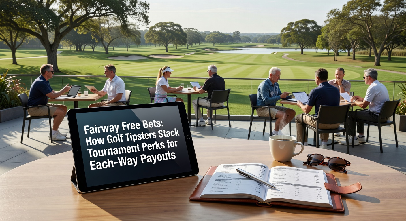 Close-up of a tipster's dashboard showing stacked golf bets, free bet icons, and a leaderboard during a PGA event