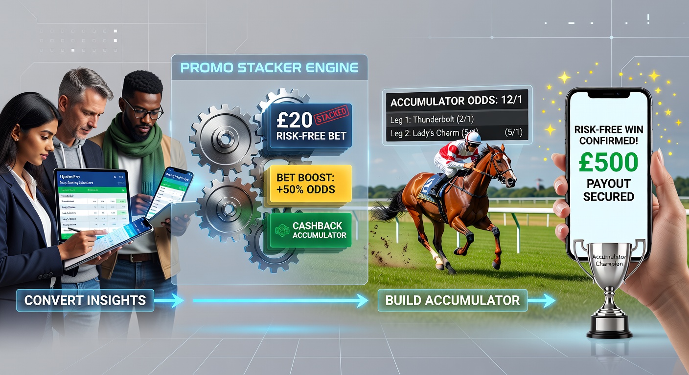 Infographic showing a chain of bookmaker promotions stacking into a horse racing accumulator bet with tipster icons