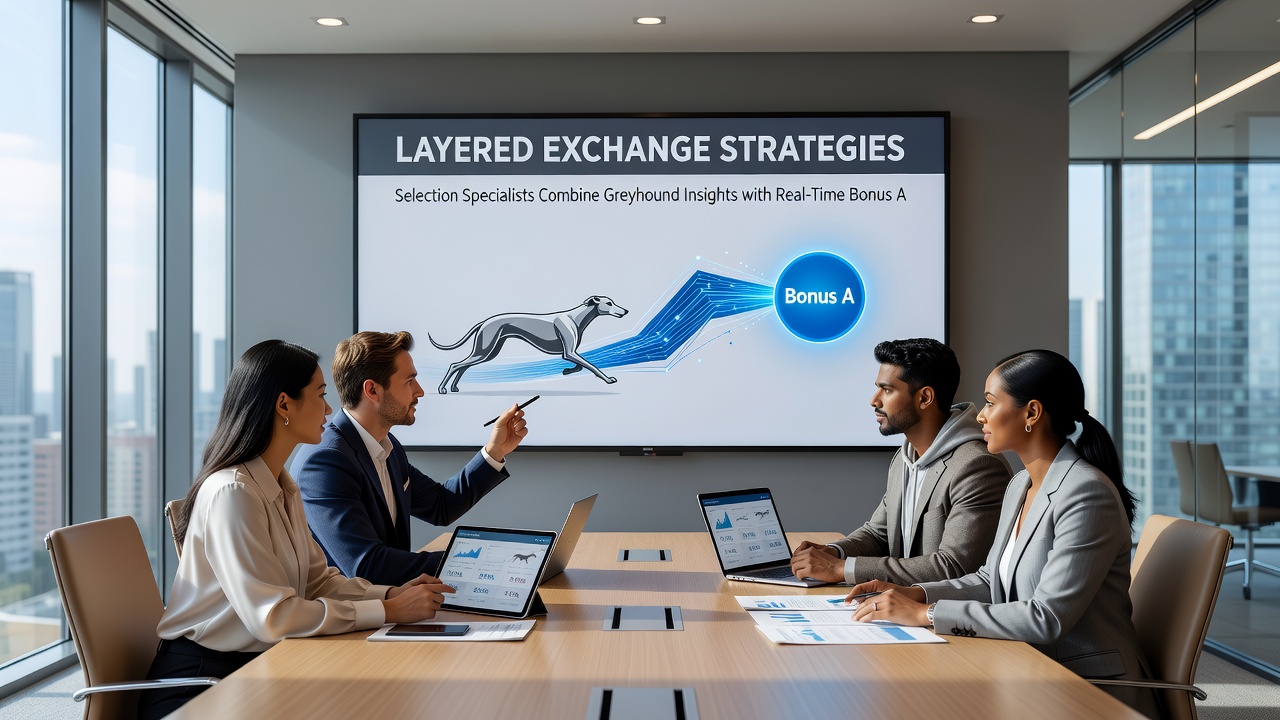 Digital dashboard displaying layered greyhound exchange bets alongside active bonus applications and race timing data