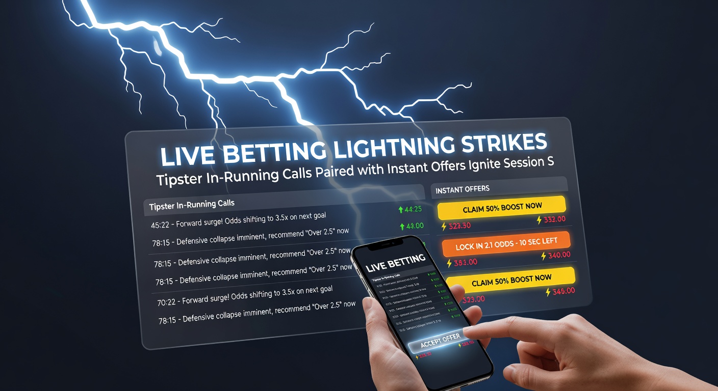 Tipster dashboard on mobile screen displaying live alerts for in-play bets alongside bookmaker instant free bet offers during a live sports event
