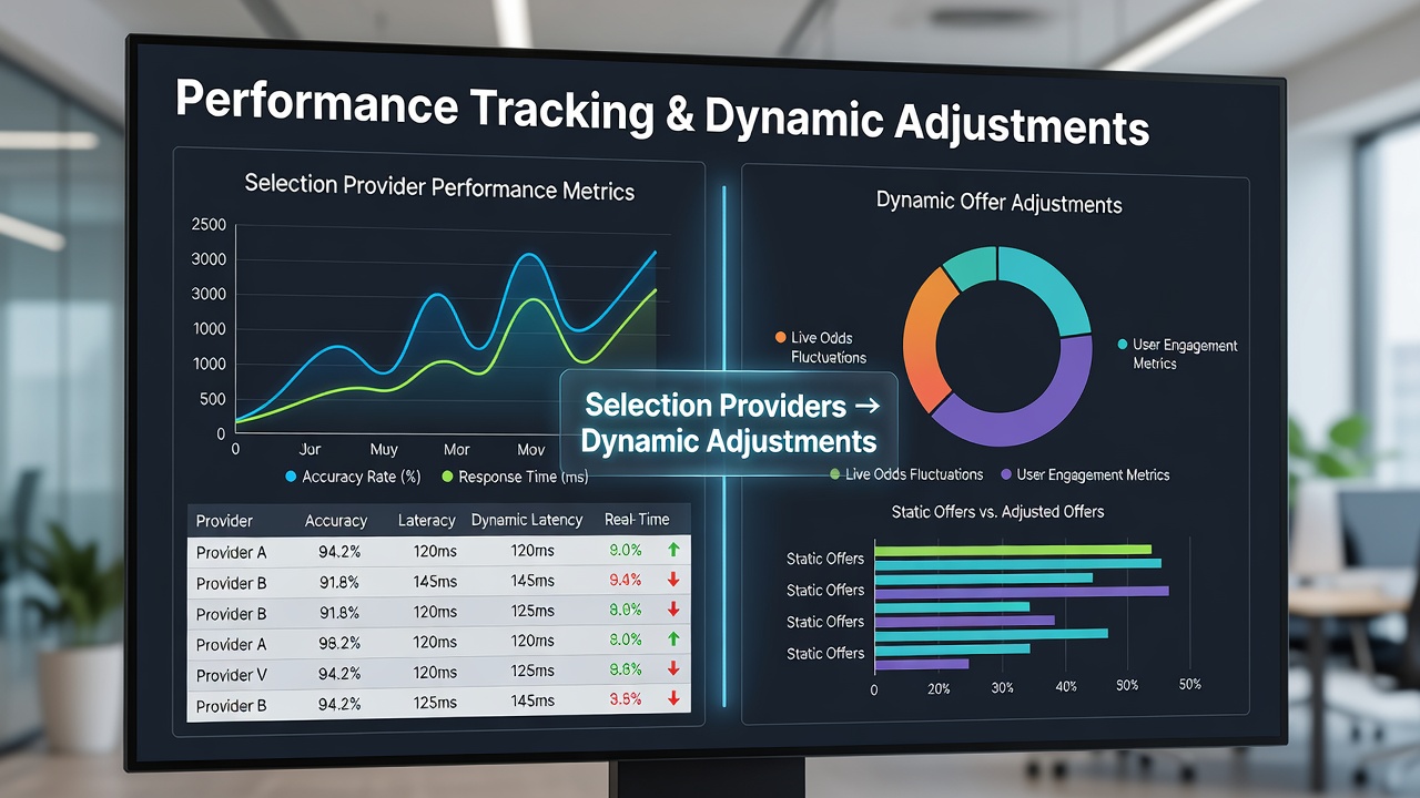 Analytics interface illustrating how selection provider scores trigger changes to bonus structures in wagering environments
