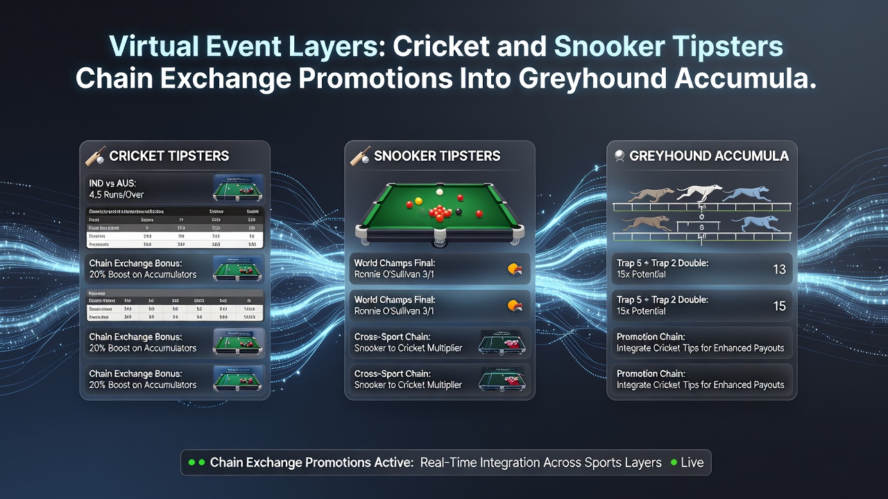 Greyhound racing accumulator sequences displayed with overlaid cricket and snooker virtual event data on an exchange interface