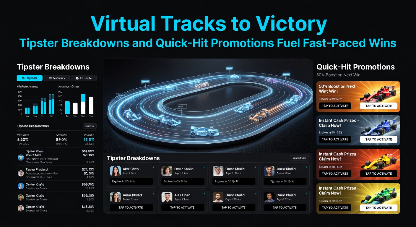 Collage of mobile betting screens showing flash promotions on virtual racing alongside tipster picks and accumulating wins